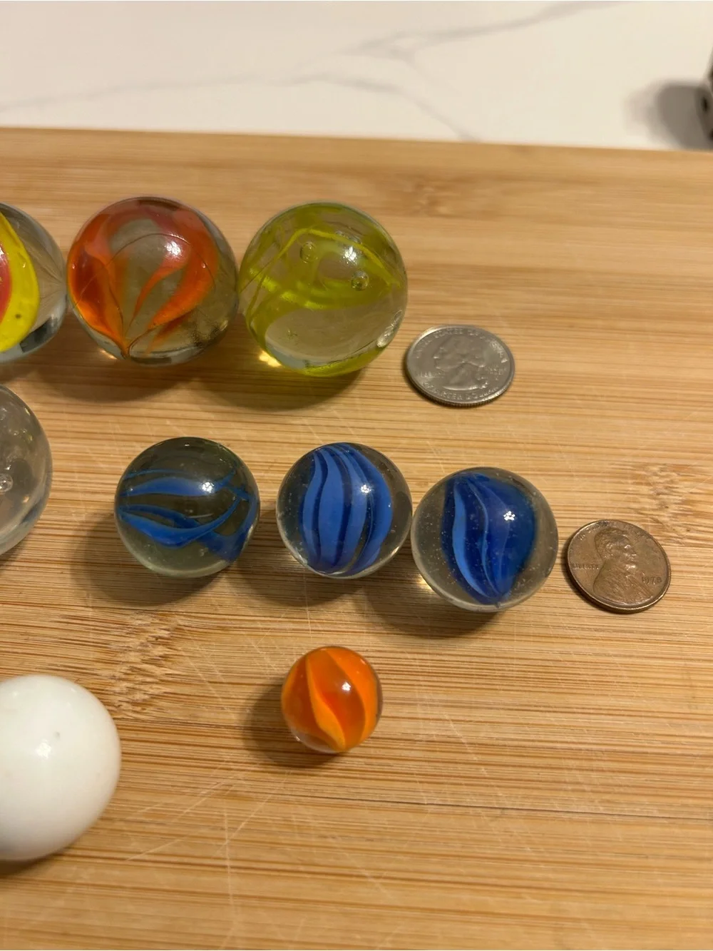 Assorted Glass Marbles Set - Blue, White, Clear, Orange, Yellow, Green